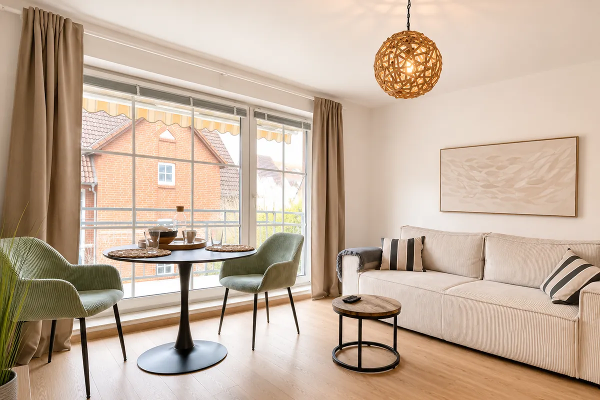 Essbereich der Fewo Fischers Fritz mit Esstisch am Balkonfenster