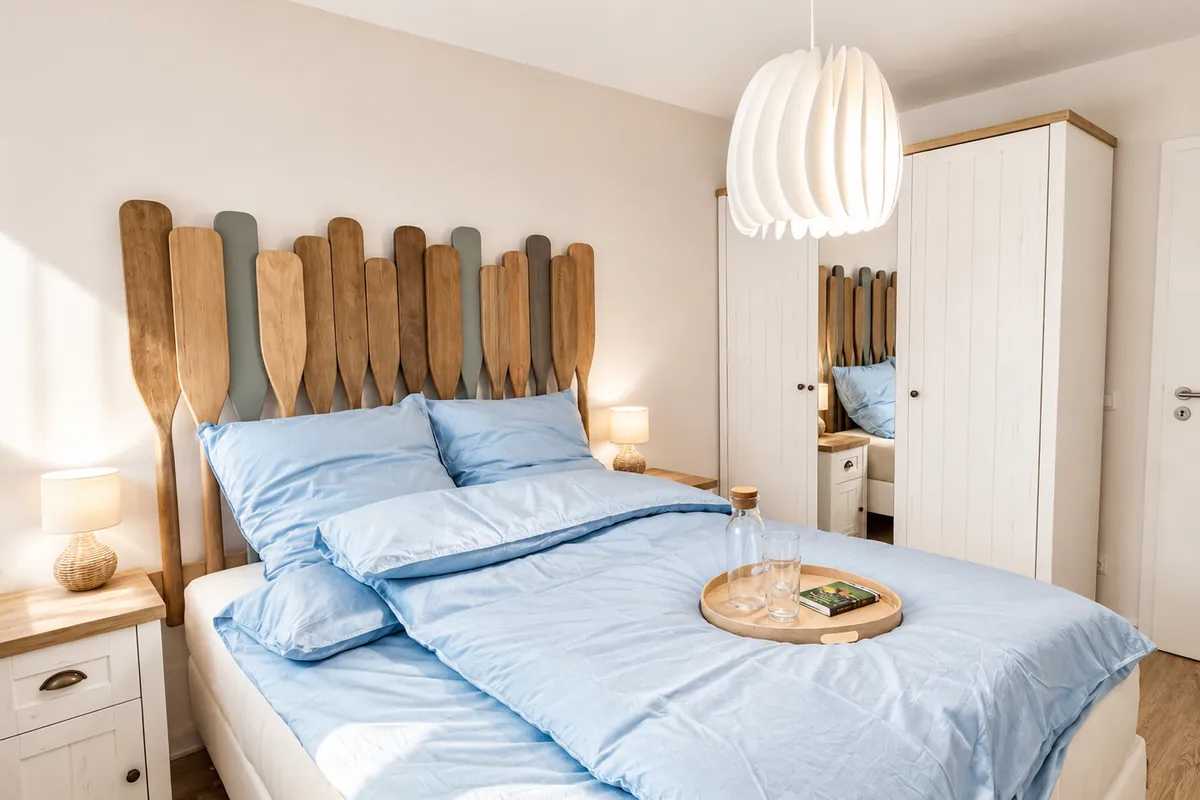 Schlafzimmer der Fewo Fischers Fritz mit Doppelbett und maritimem Kopfteil aus Paddeln