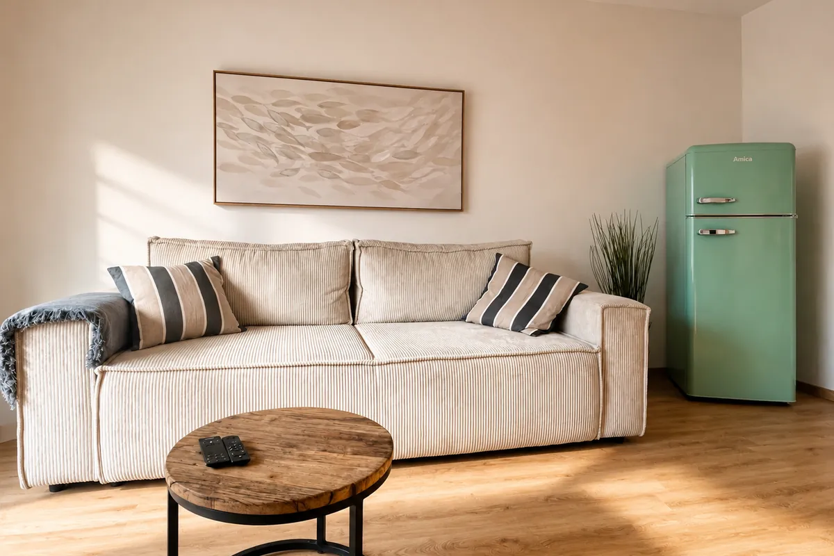 Wohnzimmer der Fewo Fischers Fritz mit Cord-Sofa und grünem Retro-Kühlschrank